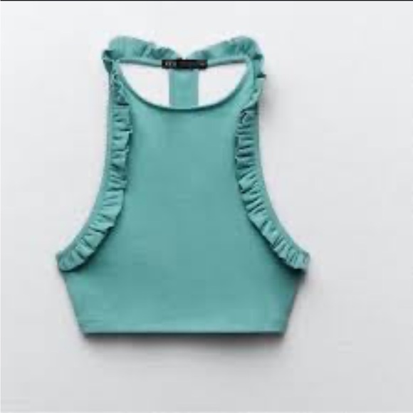 NWT ZARA Festival Teal Ribbed Ruffle T-Back Crop Tank Top - Picture 5 of 5